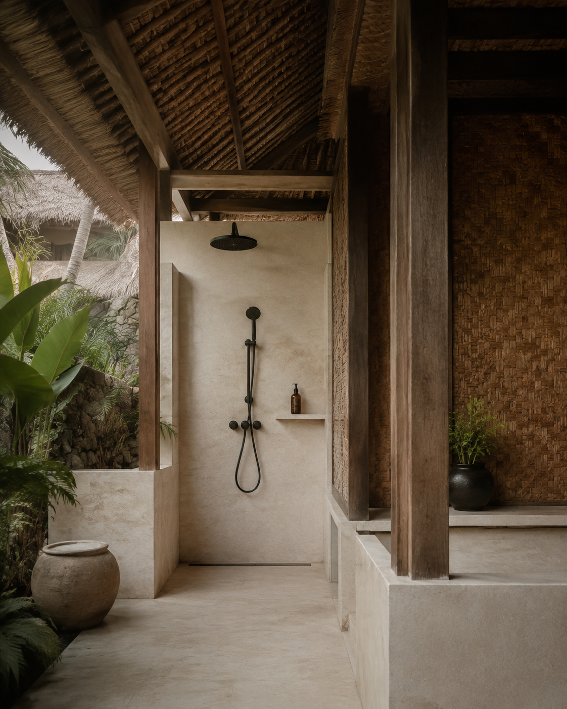 Quiet outdoor shower in Bali with natural woven materials